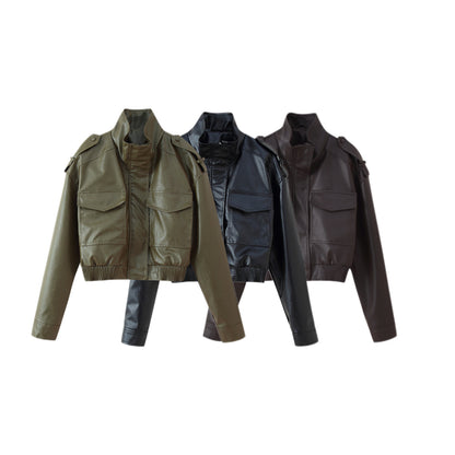 Women Short-Cut Leather Bomber with High Stand Collar, Shoulder Straps and Flap Pockets Shop Velvia