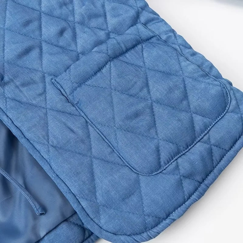 Women Short Quilted Jacket with Ruffled Collar, Ties and Patch Pockets Shop Velvia