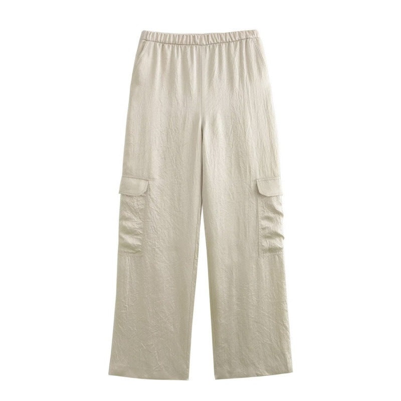 Women's Wide Cargo Pants with Elastic Waistband and Flap Pockets Shop Velvia