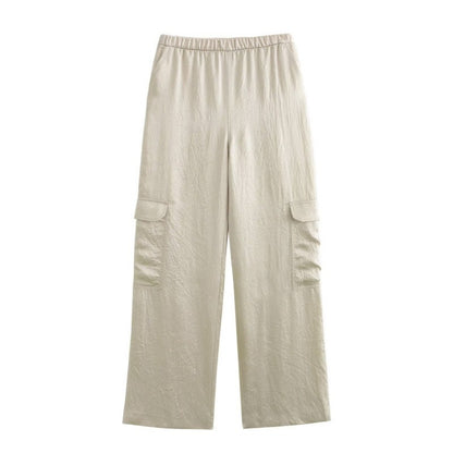 Women's Wide Cargo Pants with Elastic Waistband and Flap Pockets Shop Velvia
