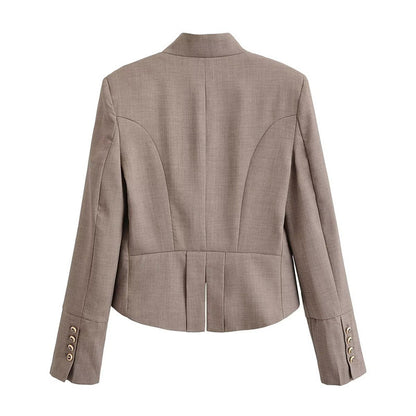 Women's Tailored Short Blazer with Decorative Double Button Placket and Shaped Hem Shop Velvia