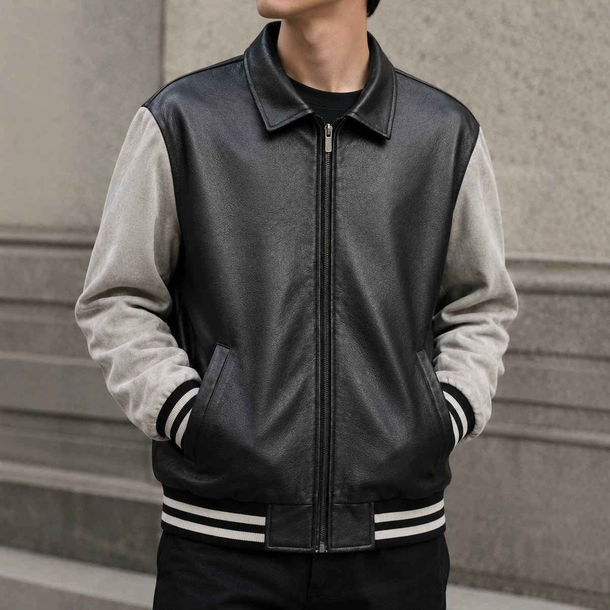 Men's Retro Letterman Bomber with Smooth Faux Leather Body and Velvet Sleeve Detail Shop Velvia