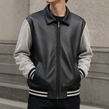 Men's Retro Letterman Bomber with Smooth Faux Leather Body and Velvet Sleeve Detail Shop Velvia