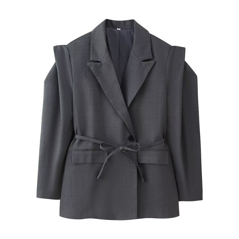 Women Tailored Blazer with Delicate Tie Waist, Emphasized Shoulder Area and Flap Pockets Shop Velvia