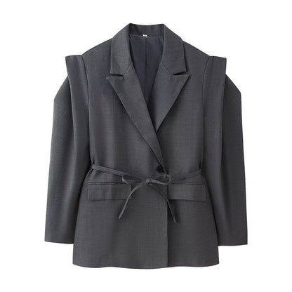 Women Tailored Blazer with Delicate Tie Waist, Emphasized Shoulder Area and Flap Pockets Shop Velvia