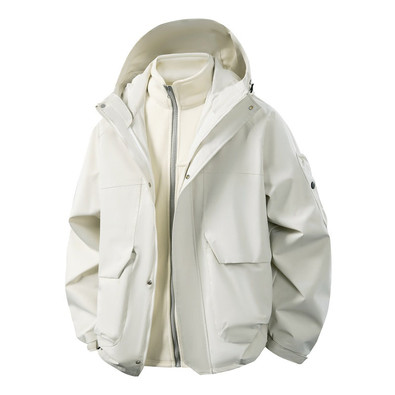 Unisex two-layer softshell parka with removable fleece inner layer, hood, and utility pockets Shop Velvia