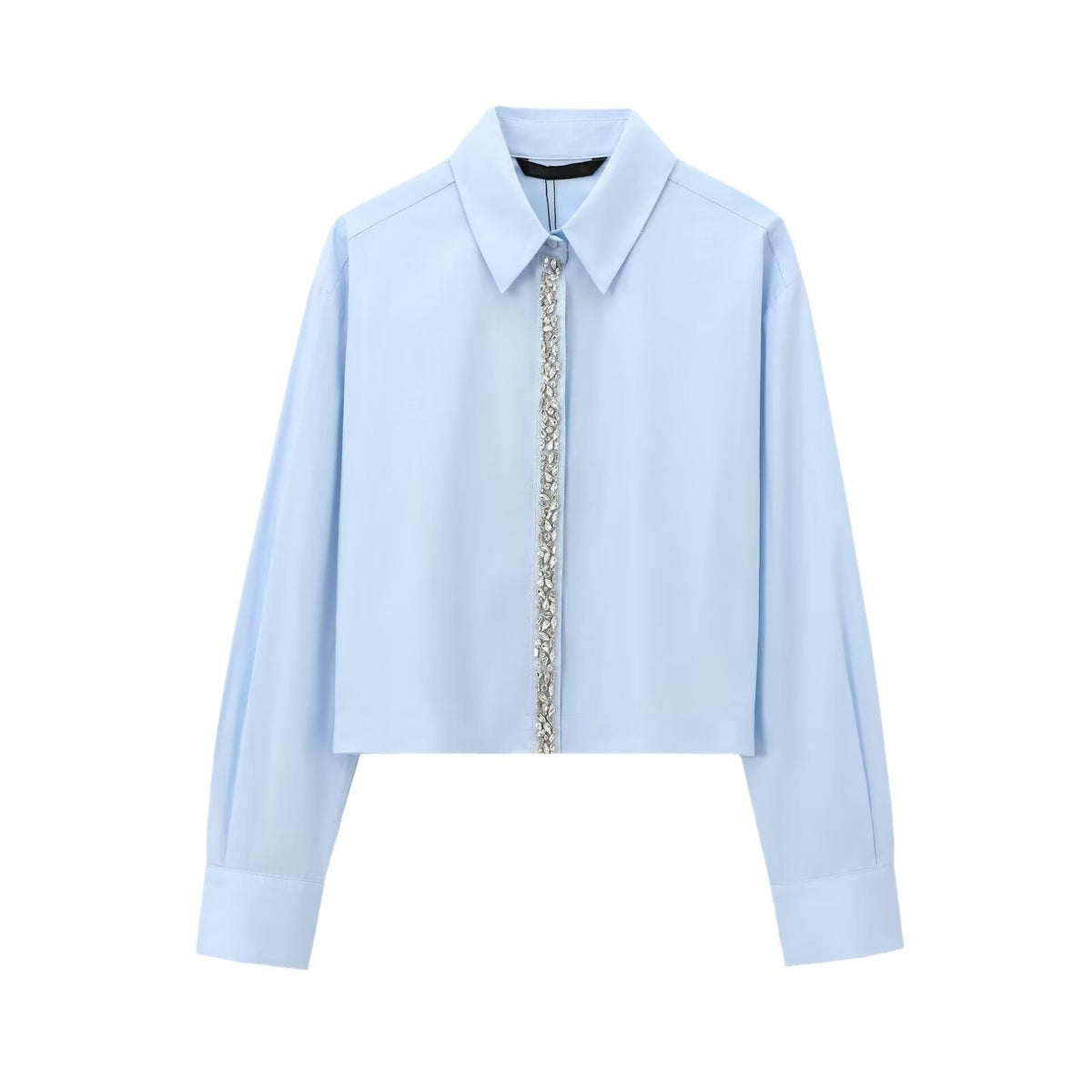 Women's Cropped Shirt with Crystal Decoration and Oversized Collar Shop Velvia