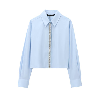 Women's Cropped Shirt with Crystal Decoration and Oversized Collar Shop Velvia