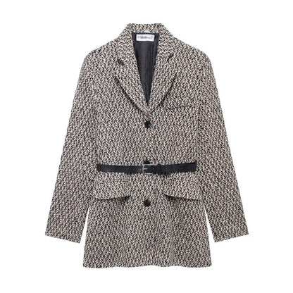 Women's Longline Tweed Blazer with Flap Pockets and Waist Belt Shop Velvia