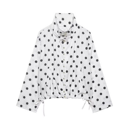 Women's Lightweight Polka Dot Wind Jacket with Stand-Up Collar and Drawstring Shop Velvia