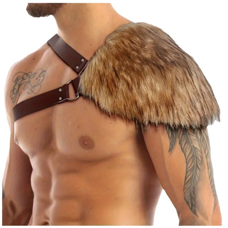 Men's shoulder harness with removable faux fur shoulder pad and adjustable leather straps Shop Velvia