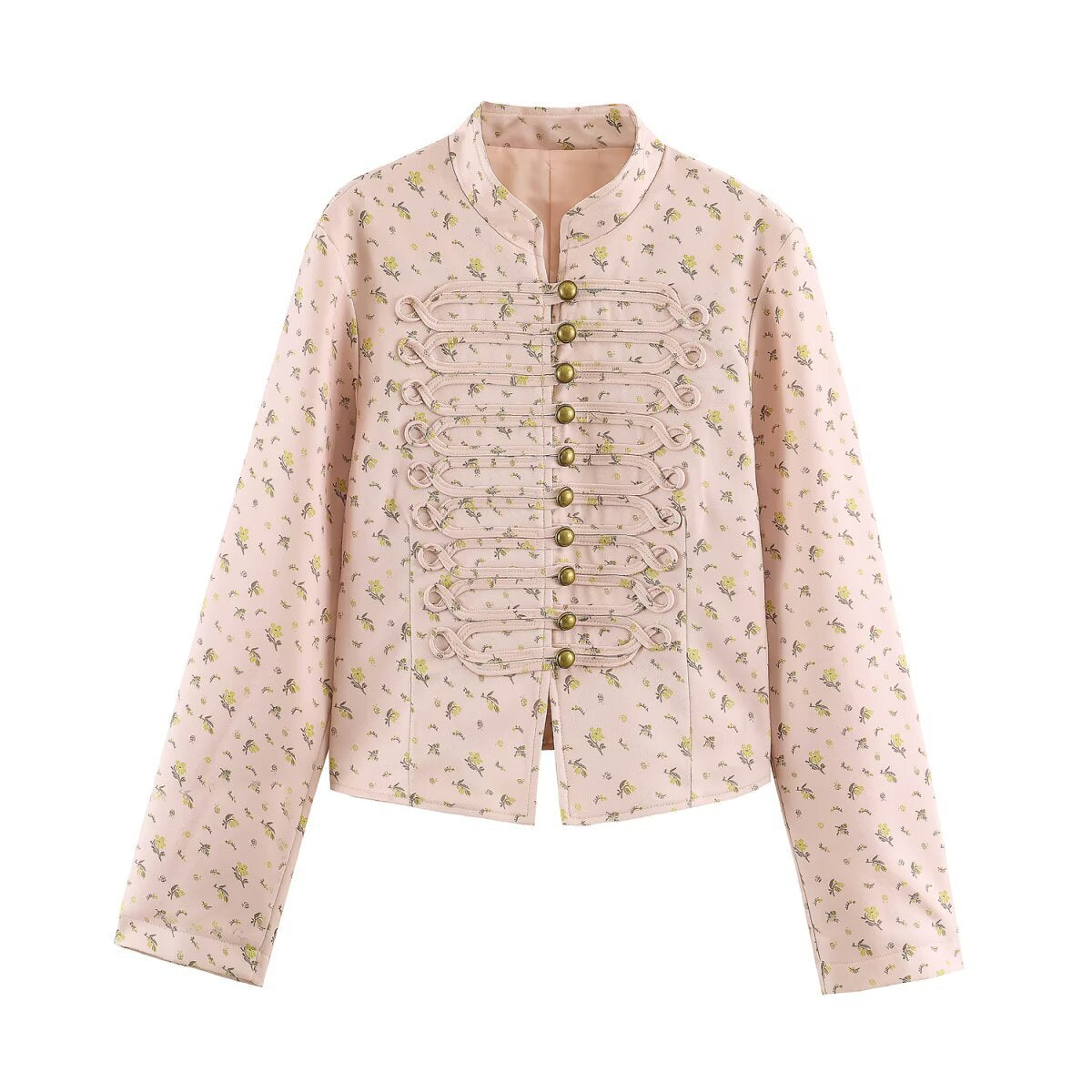 Women Cropped Satin Jacket in Military Style with Decorative Frog Trim Shop Velvia