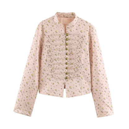 Women Cropped Satin Jacket in Military Style with Decorative Frog Trim Shop Velvia