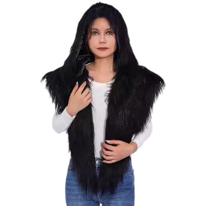 Women’s hooded scarf vest made of long-haired artificial fur Shop Velvia