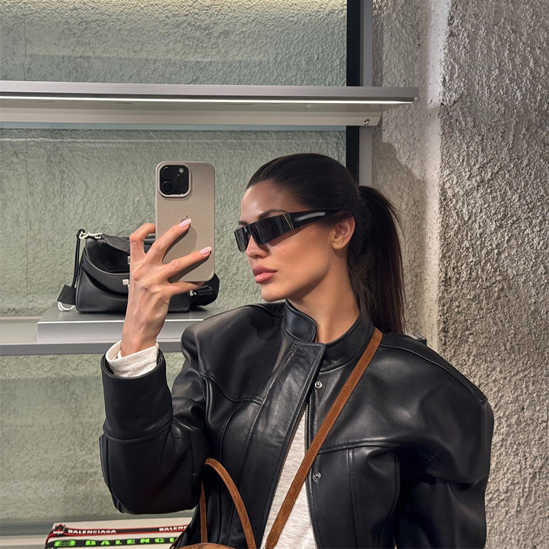 Women's short jacket in biker-bomber style made of vegan leather with a stand-up collar and oversized sleeves Shop Velvia