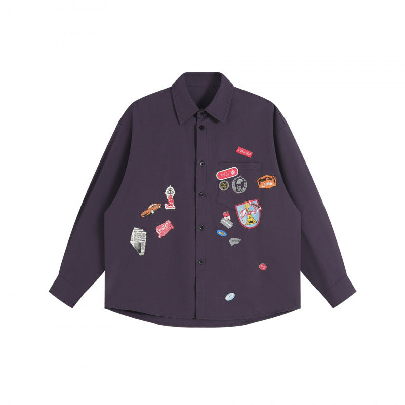 Unisex Oversize shirt with sewn-on retro patch applications and boxy silhouette Shop Velvia