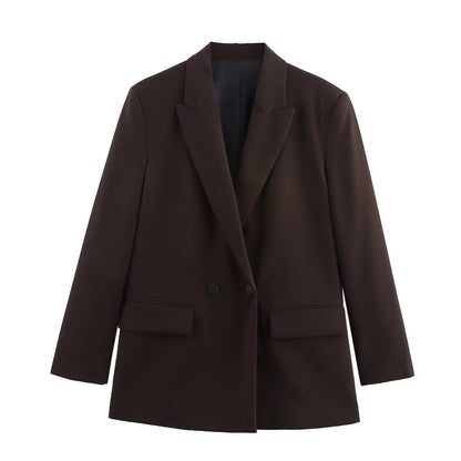Women's Double-Breasted Blazer with Lapel Collar, Longer Oversized Cut and Flap Pockets Shop Velvia