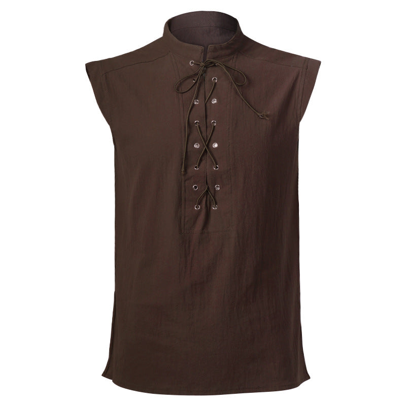 Men's sleeveless vintage linen shirt with breast lacing and stand-up collar Shop Velvia
