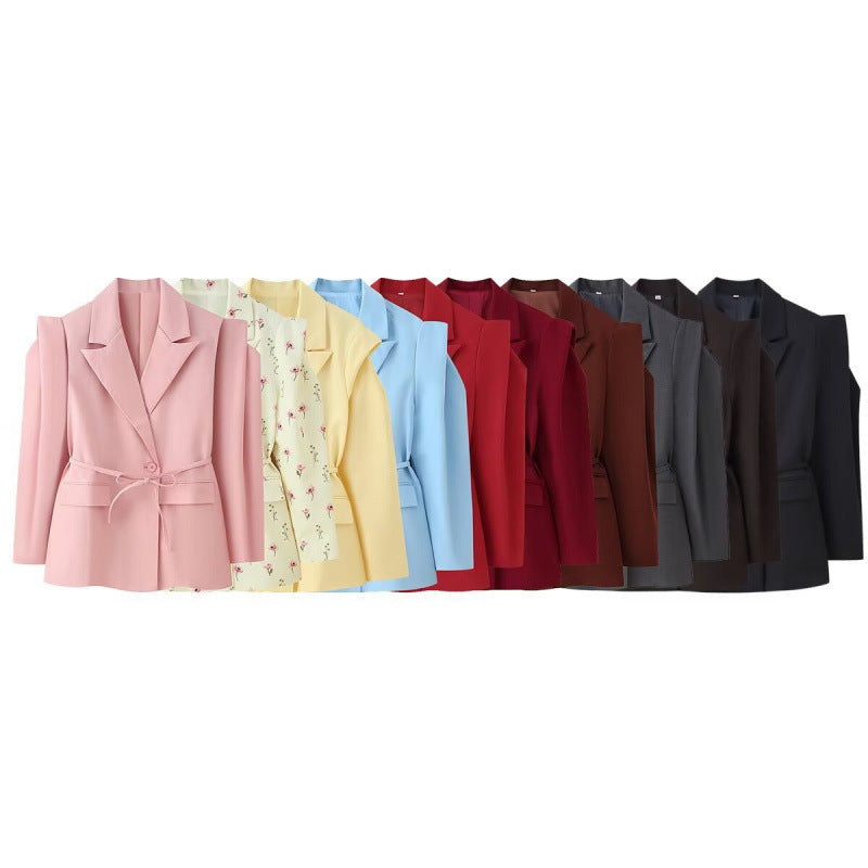 Women Tailored Blazer with Delicate Tie Waist, Emphasized Shoulder Area and Flap Pockets Shop Velvia