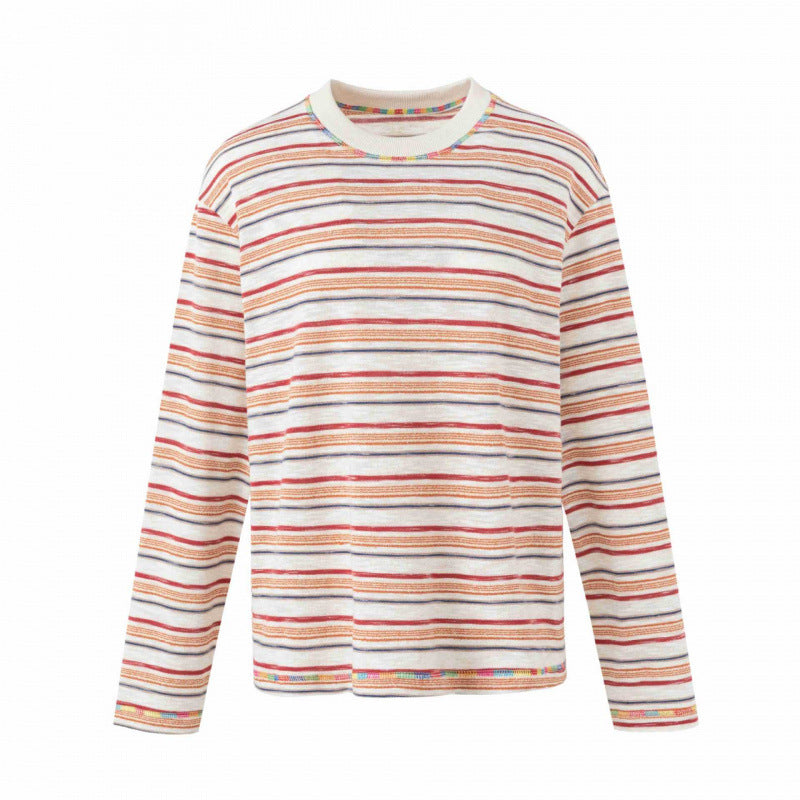 Unisex Oversize striped fine knit sweater with round neck and textured weave look Shop Velvia