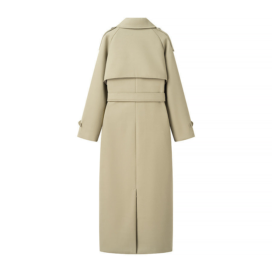 Women's maxi-length wool blend trench coat with belted tie, double-breasted button placket and shoulder epaulettes Shop Velvia