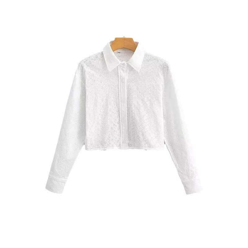 Women's Short-Cut Eyelet Embroidery Blouse with Shirt Collar and Long Ties Shop Velvia