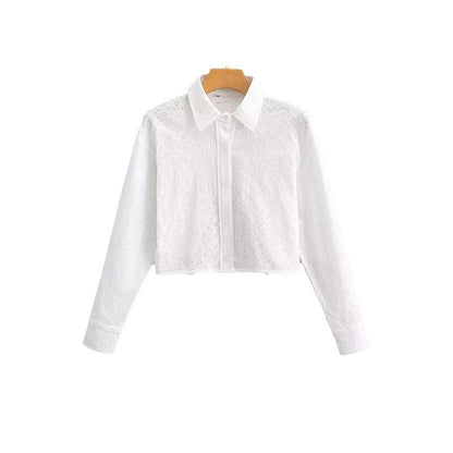 Women's Short-Cut Eyelet Embroidery Blouse with Shirt Collar and Long Ties Shop Velvia