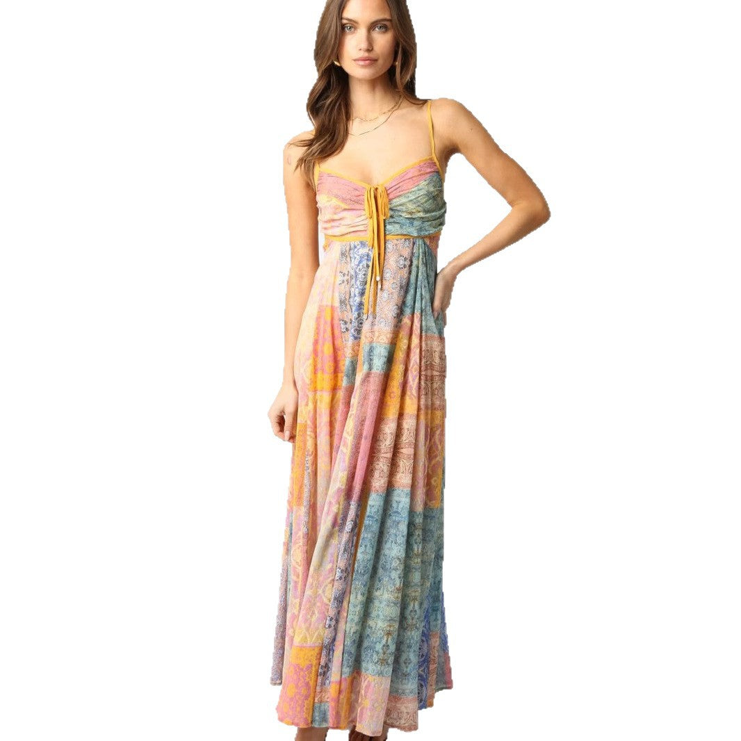 Women’s floor-length maxi dress with shirred bustier, drawstring and patchwork print