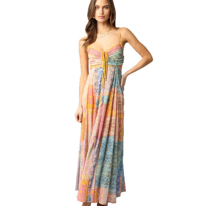 Women’s floor-length maxi dress with shirred bustier, drawstring and patchwork print