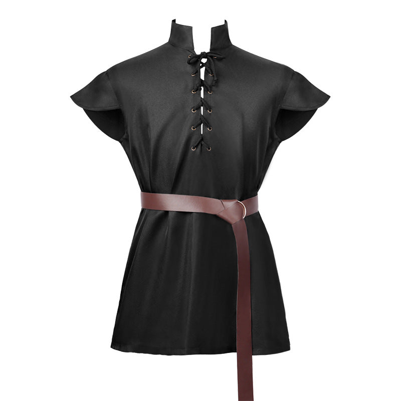 Men's casual short-sleeve shirt with laced V-neck, short stand-up collar, and soft cotton blend Shop Velvia