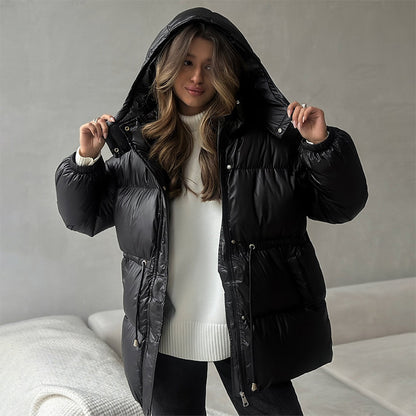 Women's quilted parka with shiny finish hood and adjustable drawstring Shop Velvia