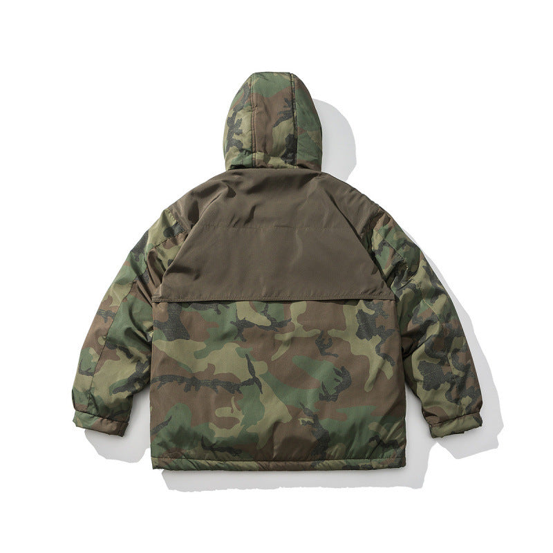 Unisex Boxy-Short-Puffer Jacket in Camouflage-Utility Style with Hood and Concealed Front Placket Shop Velvia