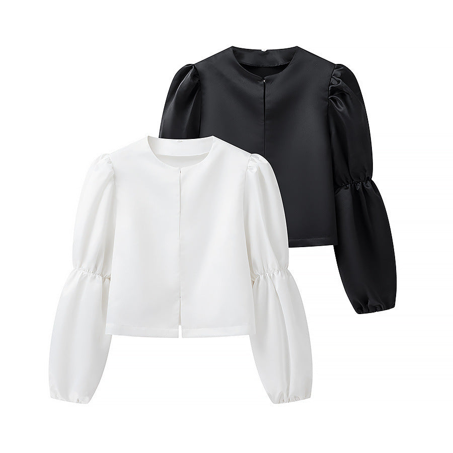 Ladies Glossy Satin Blouse with Voluminous Puff Sleeves Shop Velvia