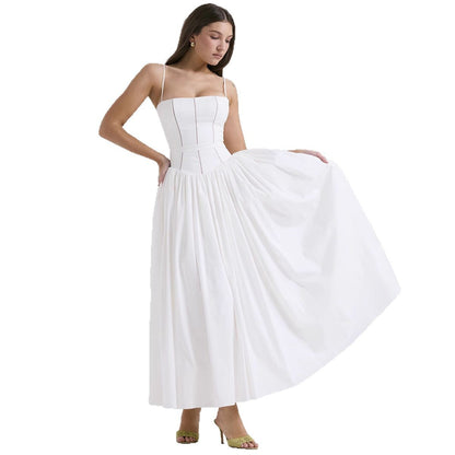 Women's fitted maxi dress with corset top and fine spaghetti straps
