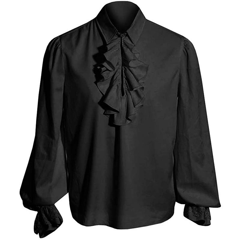 Men's elegant Baroque ruffle shirt with stand-up collar, ruffled chest, and lace cuffs Shop Velvia