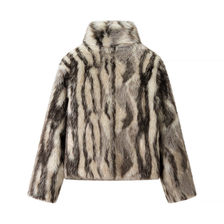 Women's Short Cut Faux Fur Jacket with Contrasting Spot Pattern and Stand Collar Shop Velvia