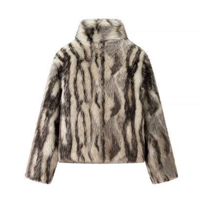 Women's Short Cut Faux Fur Jacket with Contrasting Spot Pattern and Stand Collar Shop Velvia