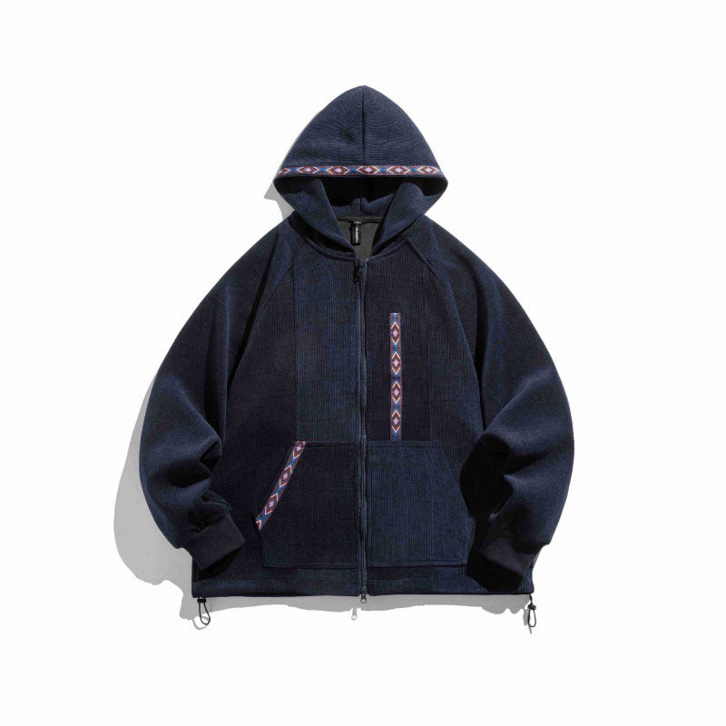 Unisex Oversize Hoodie with Zipper and Woven Decorative Bands Shop Velvia
