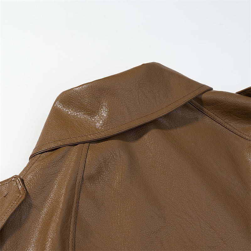 Women Cropped Faux Leather Trench Coat with Waist Belt, Double Breasted and Epaulettes Shop Velvia