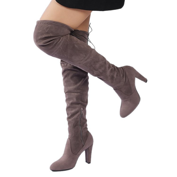Women's Over-the-Knee Boots made of Suede with High Block Heel and Side Zipper Shop Velvia