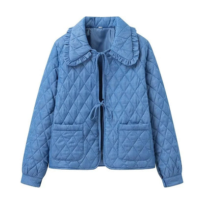 Women Short Quilted Jacket with Ruffled Collar, Ties and Patch Pockets Shop Velvia