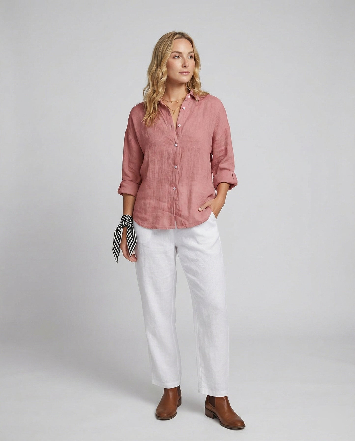 Women Casual Linen Blouse with Loose Fit and Button Placket