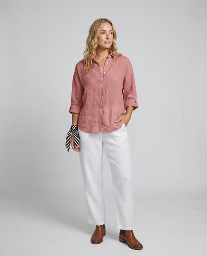 Women Casual Linen Blouse with Loose Fit and Button Placket