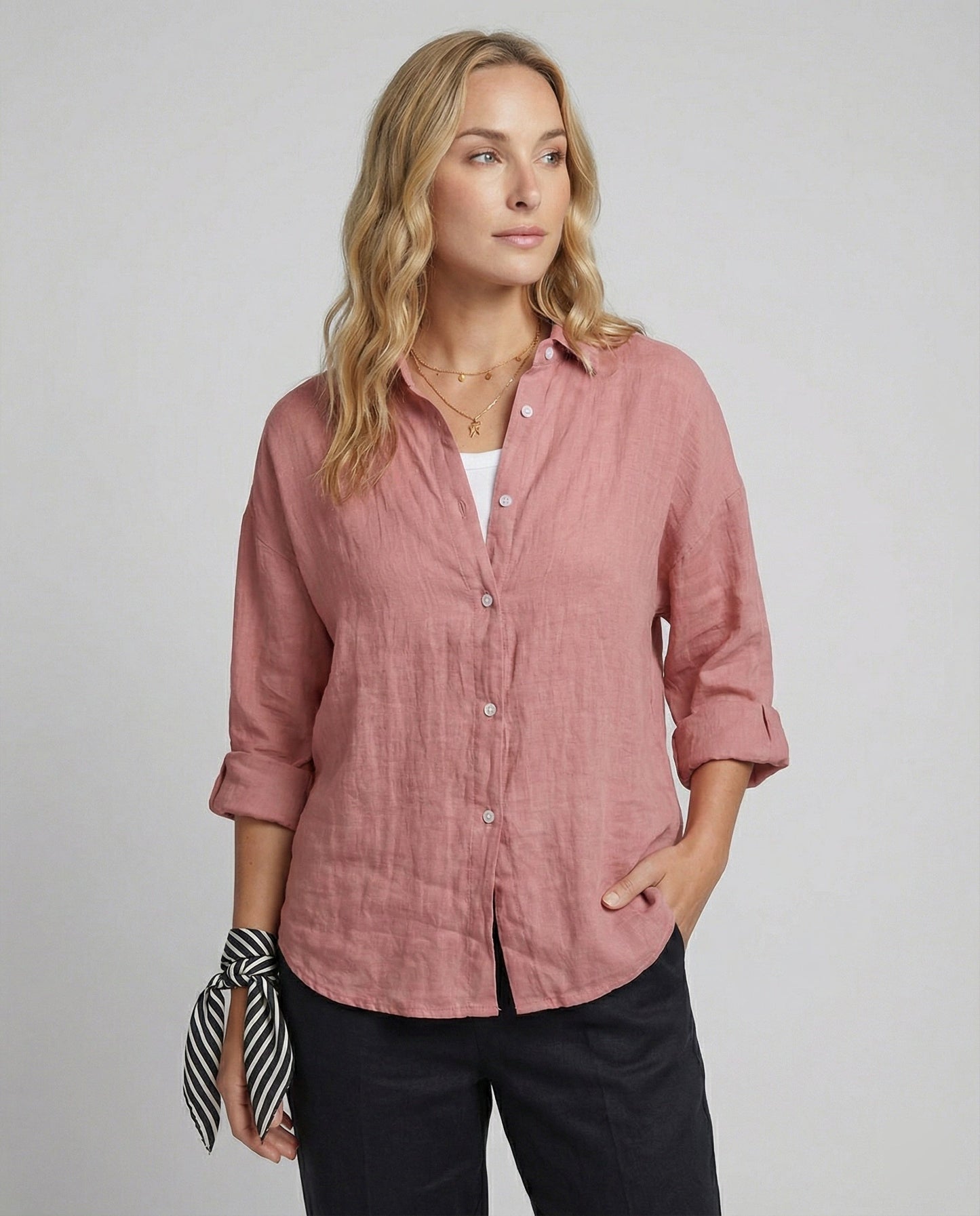 Women Casual Linen Blouse with Loose Fit and Button Placket