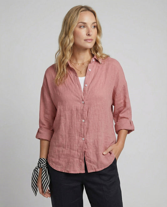 Women Casual Linen Blouse with Loose Fit and Button Placket