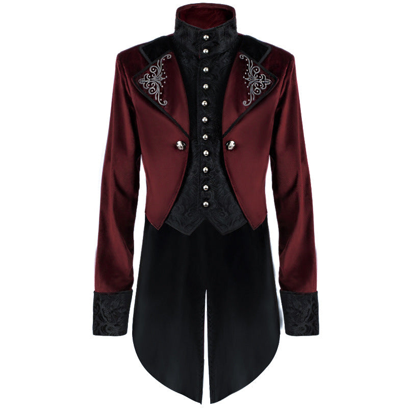 Men's fitted tailcoat with embroidered stand-up collar, velvet trim and double swallowtail Shop Velvia