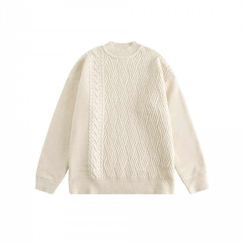 Unisex Oversize Knit Sweater with Asymmetrical Cable Pattern and Round Neckline Shop Velvia
