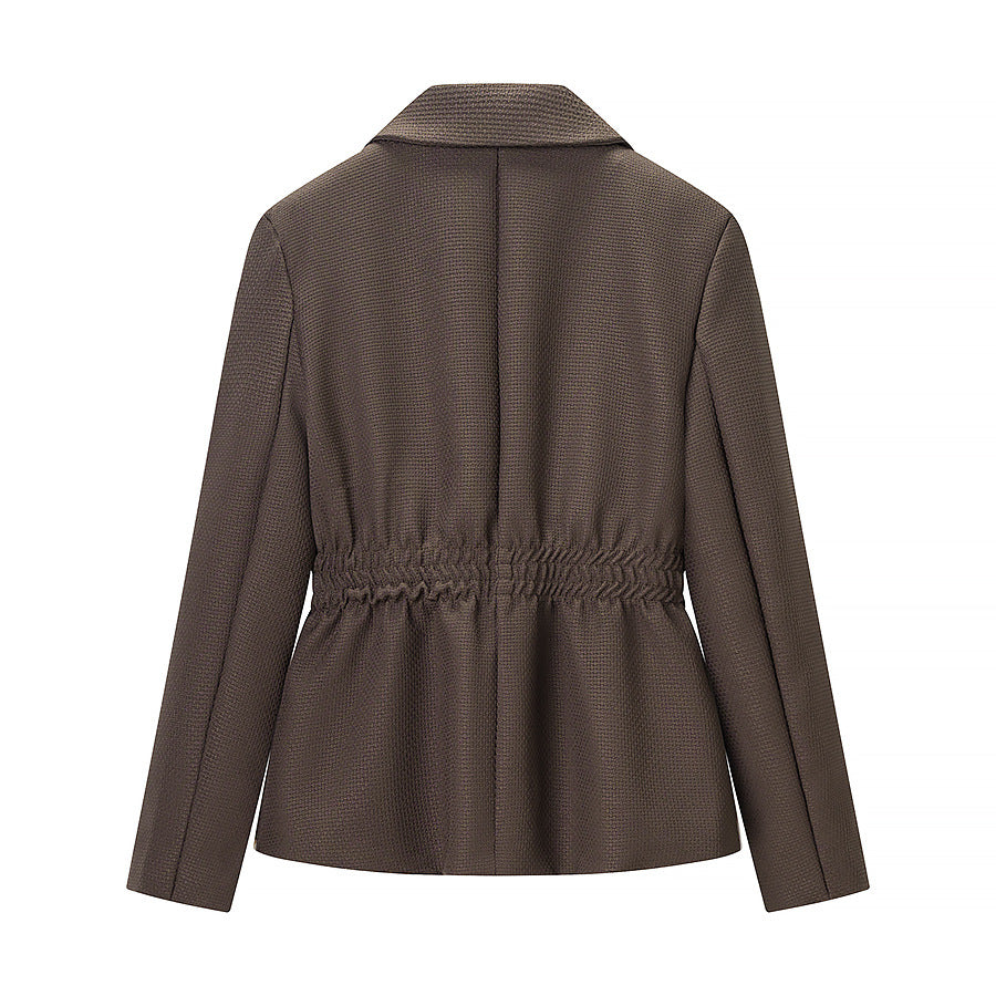 Women Tailored Structured Single-Button Blazer with Gathered Waist and Light Padding Shop Velvia