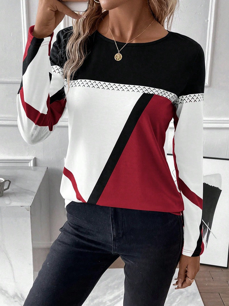Women's Long Sleeve Shirt with Graphic Colorblock Design and Round Neck Shop Velvia