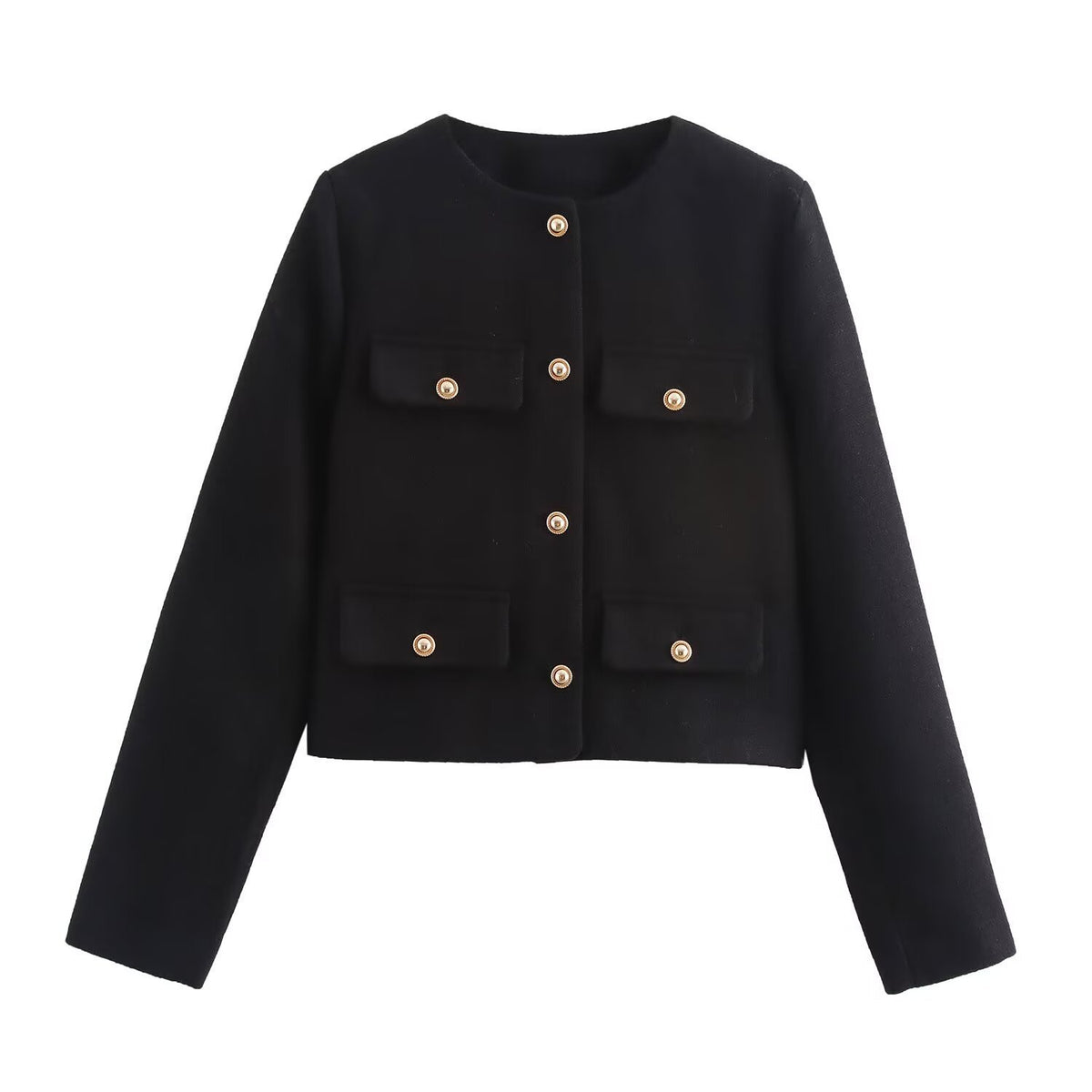 Women Short-Cut Boucle Blazer with Round Neckline, Four Flap Pockets and Gold Decorative Buttons Shop Velvia